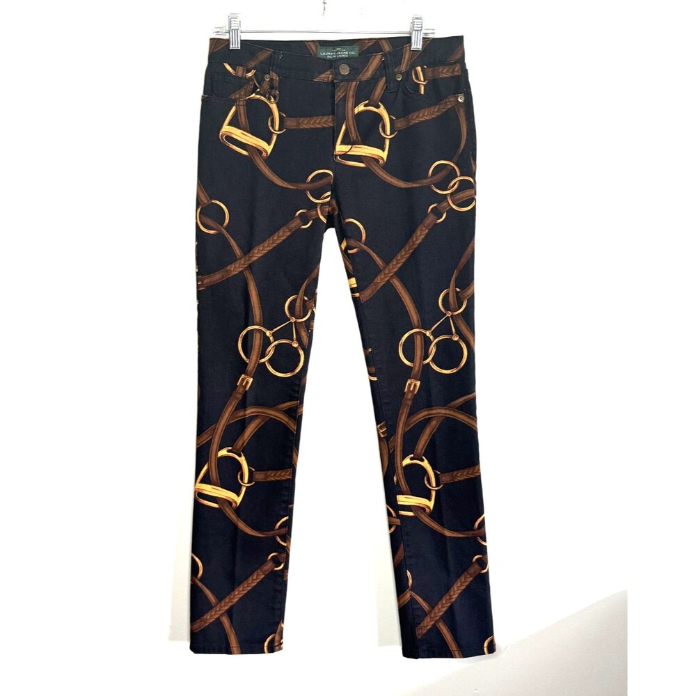Ralph Lauren Equestrian Sz 6 Horse Bit Bridle Chain Print Jeans Black Skinny